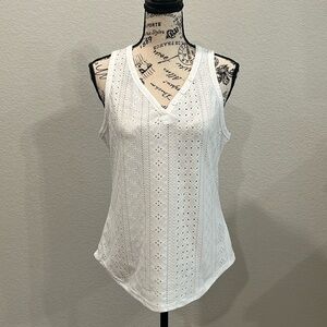 White V-Neck Eyelet Tank